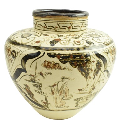 Lot 111 - CHINESE SONG CIZHOU POTTERY 'FIGURINE' VASE 磁州白底褐彩人物罐