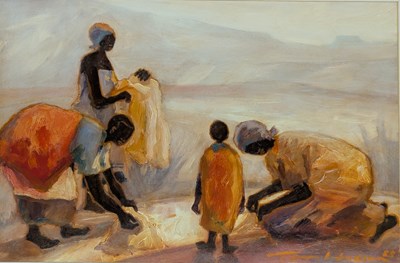 Lot 390 - TONY HUDSON (BRITISH, 1937-1989) - 1988 OIL ON BOARD AFRICAN PAINTING