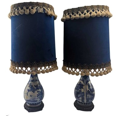 Lot 324 - PAIR OF 20TH CENTURY CHINESE BLUE & WHITE CERAMIC TABLE LAMPS WITH DRUM SHADES