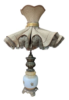Lot 392 - EARLY 20TH CENTURY BRASS & MILK GLASS TABLE LAMP WITH FEATHERED SHADE
