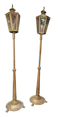 Lot 382 - PAIR OF VICTORIAN INSPIRED BRASS STREET LANTERN FLOOR STANDARD LAMPS