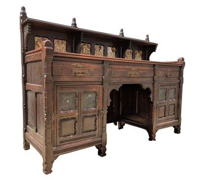 Lot 374 - LATE VICTORIAN ARTS & CRAFTS OAK SIDEBOARD WITH MINTON TILES