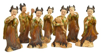 Lot 177 - SEVEN TANG DYNASTY STYLE SANCAI TERRACOTTA MUSICIANS 三彩陶女乐俑一组