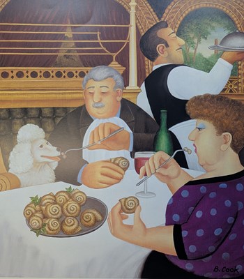Lot 384 - BERYL COOK - DINING IN PARIS - SIGNED 2001 COLOUR LITHOGRAPHIC PRINT