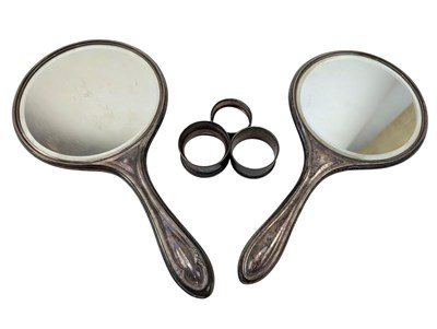 Lot 136 - GEORGE V HALLMARKED SILVER DRESSING TABLE MIRRORS & THREE NAPKIN RINGS