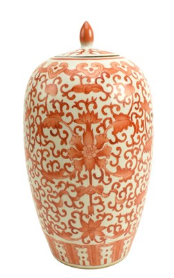Lot 14 - REPUBLICAN PERIOD CHINESE IRON RED LIDDED JAR 民国 矾红缠枝莲纹盖罐