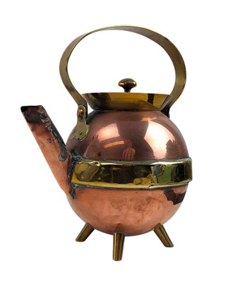 Lot 41 - MANNER OF CHRISTOPHER DRESSER FOR BENHAM & FROUD - ARTS & CRAFTS COPPER AND BRASS KETTLE