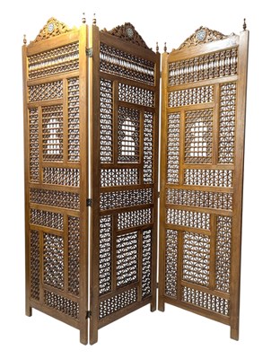 Lot 623 - SYRIAN EASTERN MASHRABIYA CARVED HARDWOOD THREE FOLD WORK PANEL