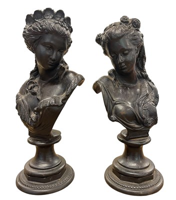Lot 419 - PAIR OF VINTAGE 1970S USSR RUSSIAN BLACK PAINTED CAST IRON BUSTS OF LADIES