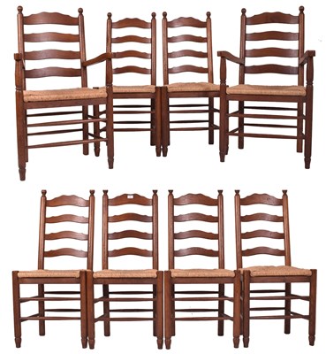 Lot 353 - SET OF EIGHT OAK & RUSH SEATED NORTH COUNTRY DINING CHAIRS