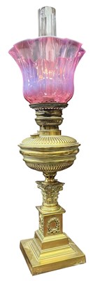 Lot 457 - VICTORIAN 19TH CENTURY BRASS & VASELINE GLASS DESK OIL LAMP