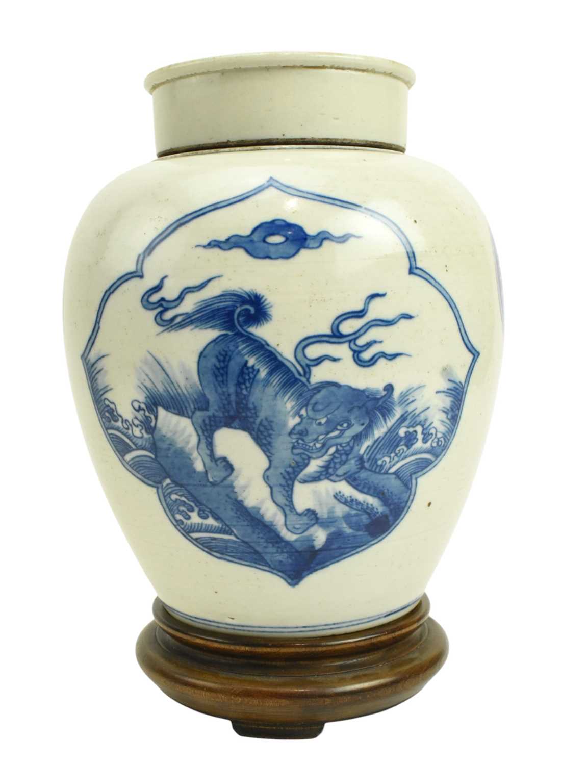 Lot 34 - QING BLUE & WHITE ‘QILIN' ’PORCELAIN GINGER JAR 清 青花麒麟纹盖罐
