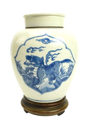 Lot 34 - QING BLUE & WHITE ‘QILIN' ’PORCELAIN GINGER JAR 清 青花麒麟纹盖罐