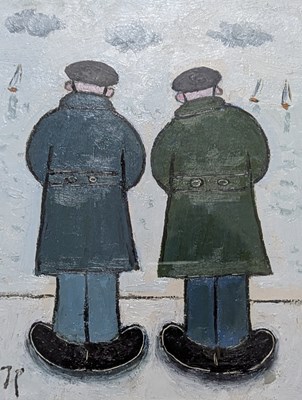 Lot 7 - JOAN GILLCHREST (1918-2008) - TALKING ABOUT OLD TIMES - ORIGINAL OIL ON BOARD PAINTING