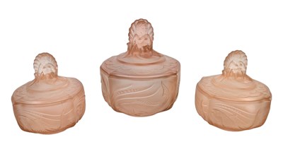 Lot 117 - WALTHER & SOHNE - THREE GRADUATING ART DECO 1930S GLASS LIDDED POTS