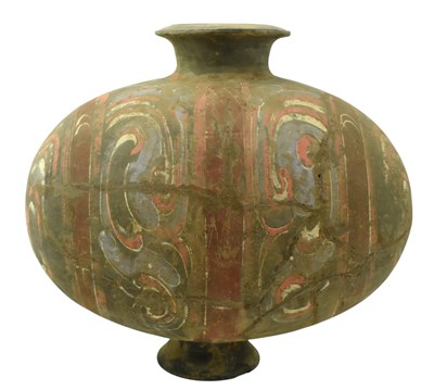 Lot 65 - LARGE HAN DYNASTY PAINTED DARK GREY POTTERY COCOON JAR 汉代彩陶