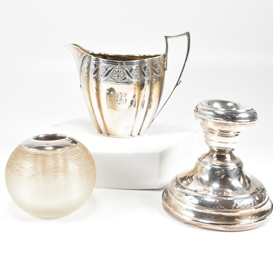 Lot 156 - VICTORIAN HALLMARKED SILVER CREAMER JUG, CANDLESTICK & MATCH STRIKE