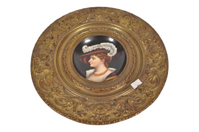 Lot 359 - 20TH CENTURY BRASS EFFECT CHARGER W/ CENTRAL PAINTED PORCELAIN PLATE