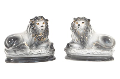 Lot 135 - PAIR OF 19TH CENTURY VICTORIAN STAFFORDSHIRE PORCELAIN LION FIGURES