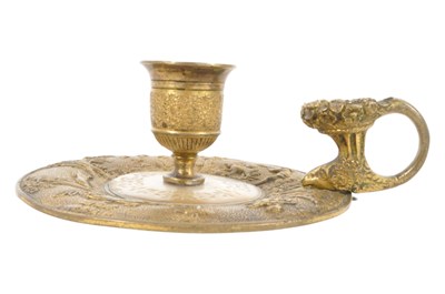 Lot 374 - 19TH CENTURY FRENCH BRASS & MOTHER OF PEARL CANDLESTICK HOLDER