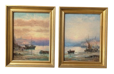 Lot 381 - WILLIAM ANSLOW THORNLEY (1857-1898) - PAIR OF OIL ON BOARD PAINTINGS DEPICTING BEACHED SHIPS