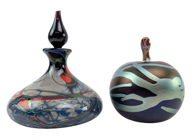 Lot 53 - OKRA, ENGLAND - ART GLASS SCENT BOTTLE AND PAPERWEIGHT