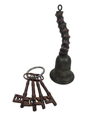 Lot 387 - 20TH CENTURY BRASS BELL WITH HORN HANDLE AND RING OF KEYS
