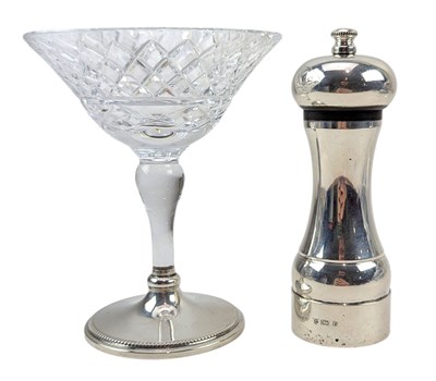 Lot 112 - HALLMARKED SILVER SALT MILL & SILVER & GLASS BON BON / COMPOTE DISH