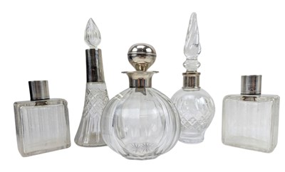 Lot 108 - FIVE 20TH CENTURY HALLMARKED SILVER & CUT GLASS SCENT BOTTLES