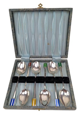 Lot 24 - CASED 20TH CENTURY HALLMARKED SILVER & ENAMELED COFFEE SPOON SET