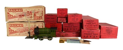 Lot 362 - MODEL RAILWAY - HORNBY O GAUGE CLOCKWORK LOCO TRACK & WAGONS