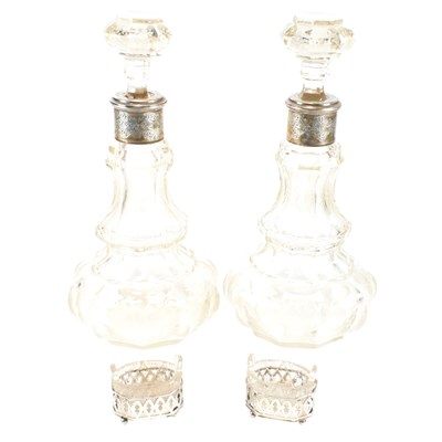 Lot 123 - PAIR OF STERLING SILVER COLLAR ACID ETCHED DECANTERS