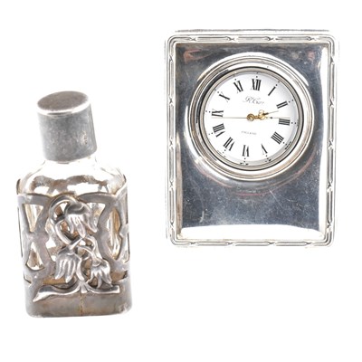 Lot 139 - HALLMARKED SILVER MOUNTED PERFUME BOTTLE & EASEL CLOCK