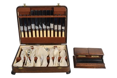 Lot 395 - 1940S OAK CASED CUTLERY CANTEEN & INKWELL