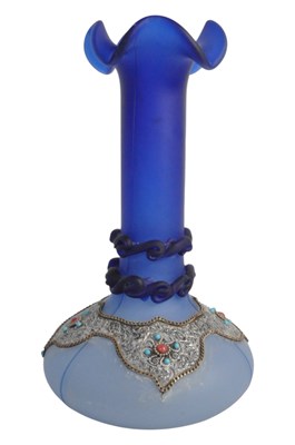 Lot 164 - VINTAGE BEJEWELLED BLUE GLASS VASE