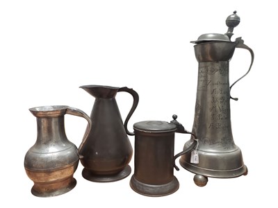 Lot 196 - FOUR 18TH CENTURY & LATER METAL PEWTER JUGS / TANKARDS