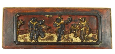 Lot 106 - QING GILT AND PAINTED WOOD RELIEF PANEL "婴戏图" 金漆木雕连架