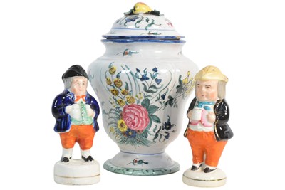 Lot 172 - 19TH CENTURY STAFFORDSHIRE TOBY SHAKERS AND A DELFT FAIENCE JAR