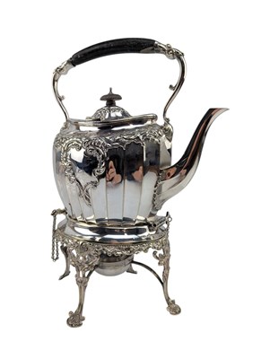Lot 8 - 20TH CENTURY SILVER PLATED SPIRIT KETTLE ON STAND BY JAMES DIXONS & SONS