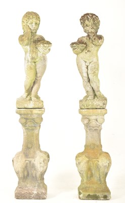 Lot 436 - PAIR OF 20TH CENTURY RECONSTITUTED STONE GARDEN CHERUBS SCULPTURES