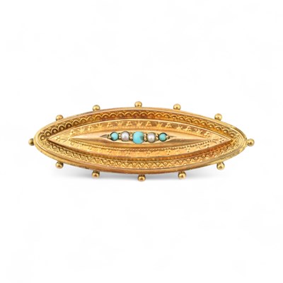 Lot 489 - 19TH CENTURY 9CT GOLD PEARL & TURQUOISE LOCKET BROOCH