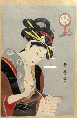 Lot 92 - AFTER KITAGAWA UTAMARO - 20TH CENTURY WOODBLOCK PRINT OF A GEISHA LADY