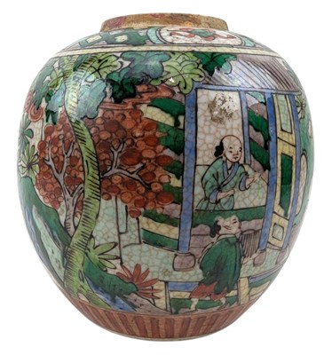 Lot 135 - LATE QING WUCAI CRACKLED GLAZED PORCELAIN GINGER JAR 清 哥釉五彩罐