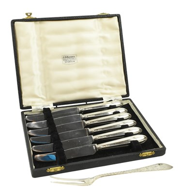 Lot 130 - CASED HALLMARKED SILVER HANDLED KNIVES & A DANISH TWO TINE FORK
