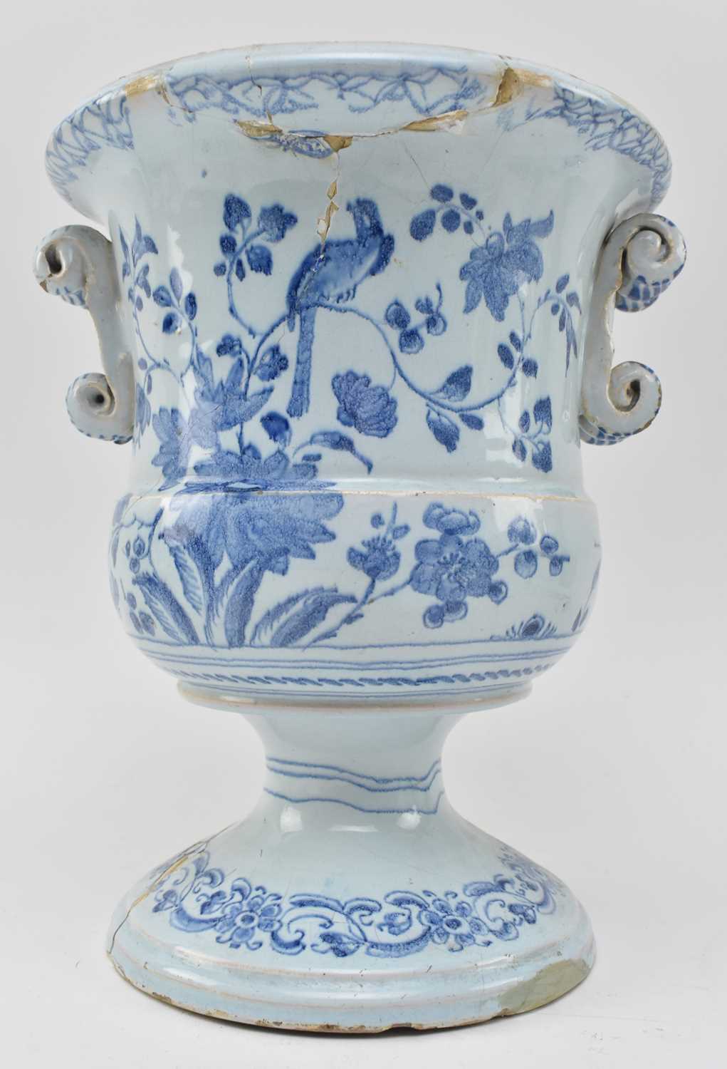 Lot 116 - 18TH CENTURY BLUE & WHITE TIN GLAZED CAMPANA TWIN HANDLED URN