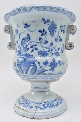 Lot 116 - 18TH CENTURY BLUE & WHITE TIN GLAZED CAMPANA TWIN HANDLED URN