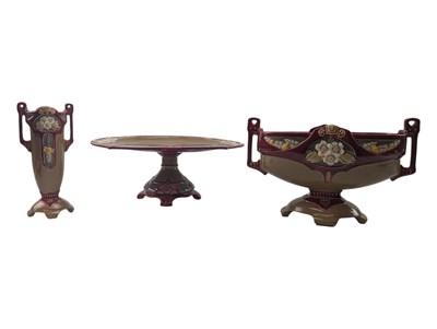 Lot 180 - THREE EICHWALD SECESSIONIST EARTHENWARE VASES / CENTREPIECE