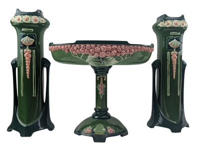 Lot 174 - EICHWALD SECESSIONIST EARTHENWARE GARNITURE TO INCLUDE TAZZA & VASES