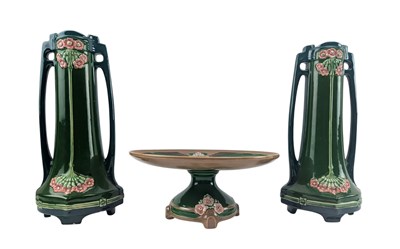 Lot 169 - EICHWALD SECESSIONIST EARTHENWARE GARNITURE SET TO INCLUDE TAZZA & VASES