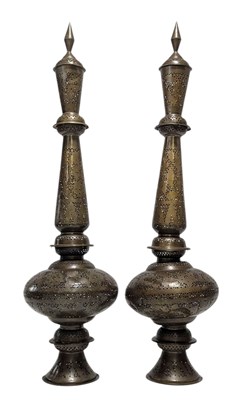 Lot 969 - PAIR OF MOROCCAN 20TH CENTURY PIERCED BRASS FLOOR LANTERNS